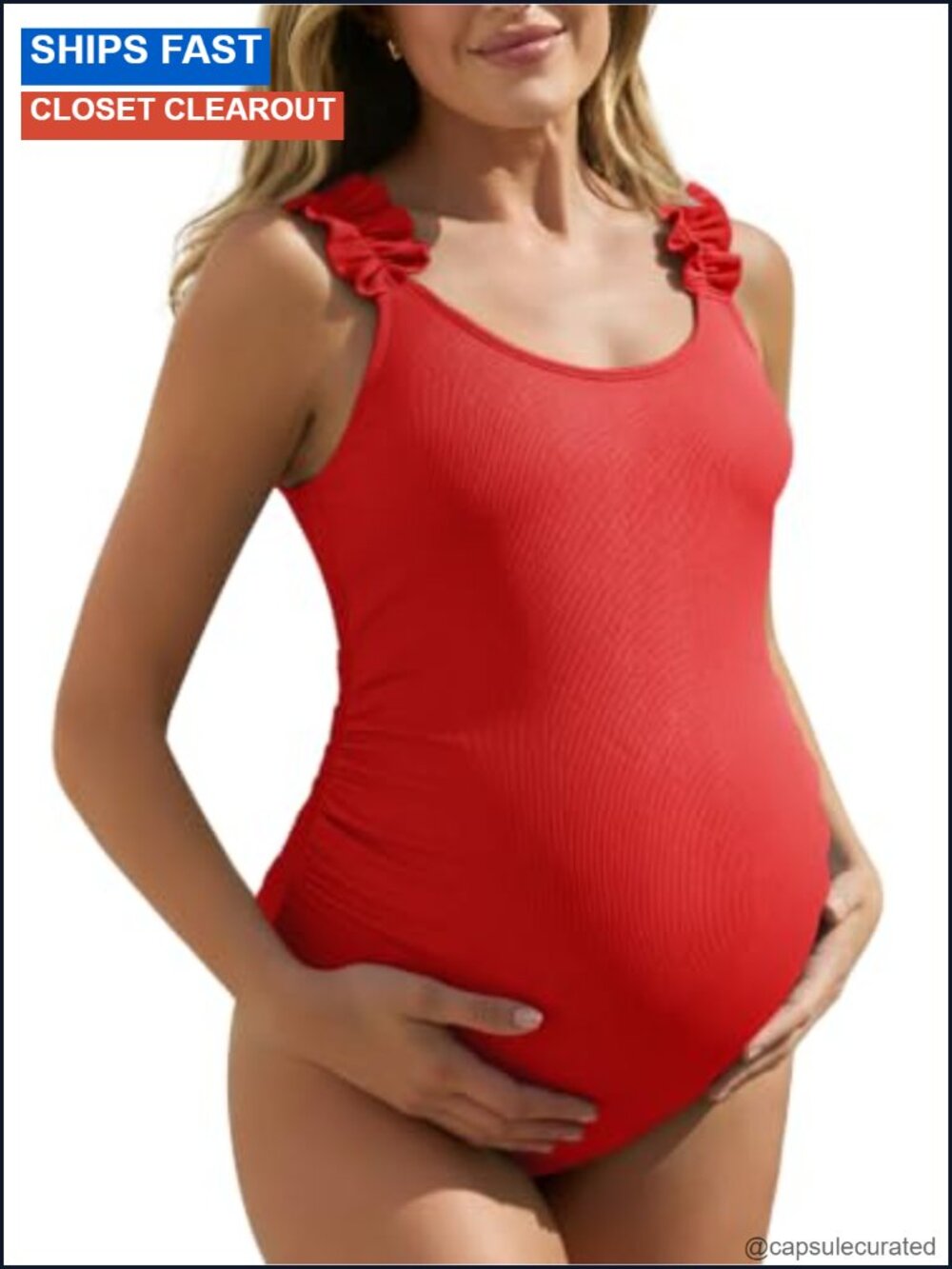 Maternity One Piece Swimsuit Ribbed Ruffle Adjustable Straps